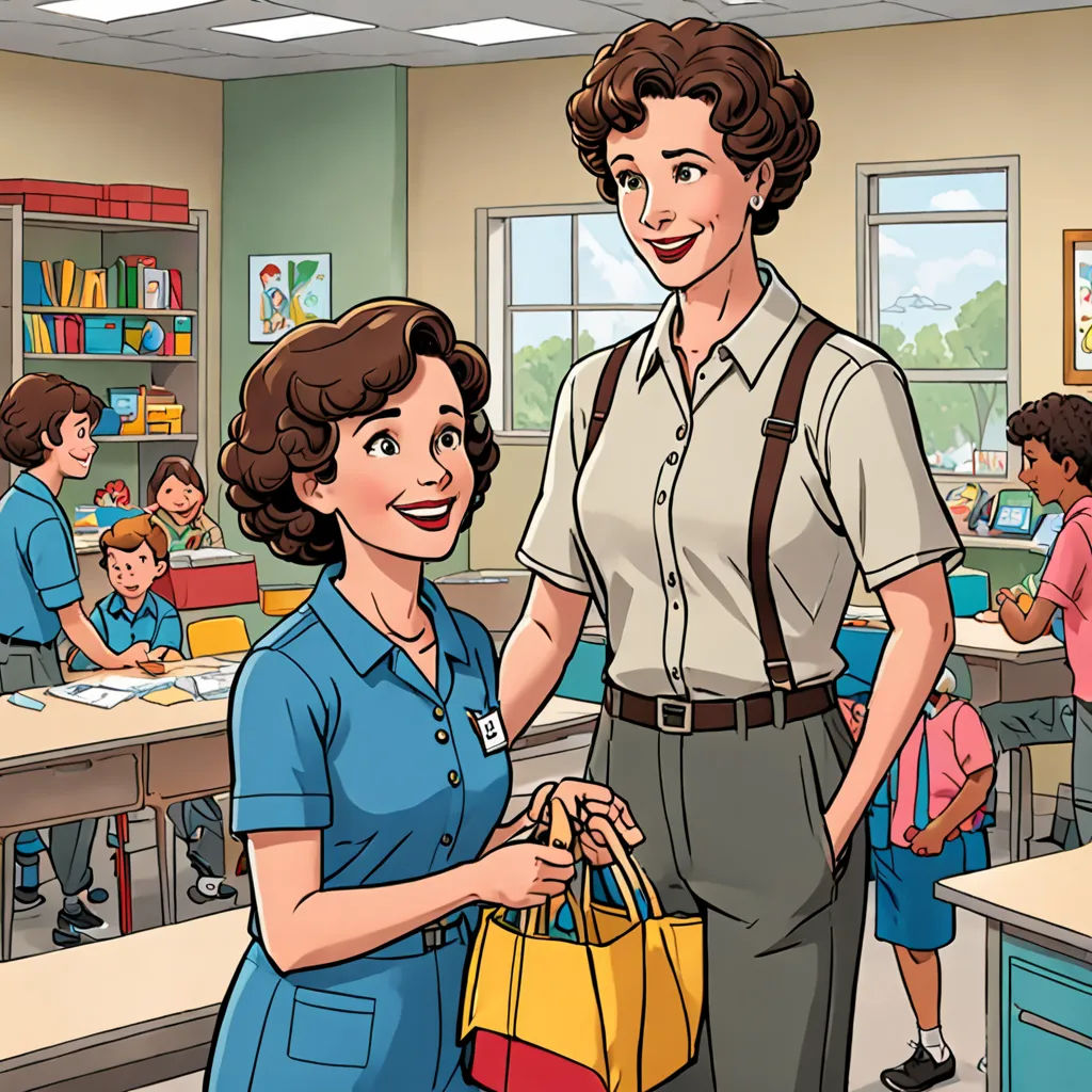 a woman holding a shopping bag and a man in a classroom with other children in the background, and a woman in a blue shirt and white shirt, remodernism, a storybook illustration, Eileen Aldridge, promotional image