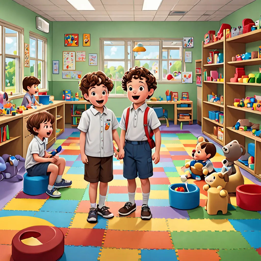 a group of children standing in a room with toys on the floor and a teacher in the background with a laptop, danube school, a digital rendering, Diego Gisbert Llorens, official art