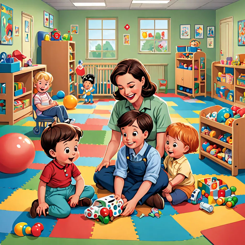 a woman and two children playing with toys in a room with toys on the floor and a ball on the floor, american scene painting, a storybook illustration, David Paton, promotional image