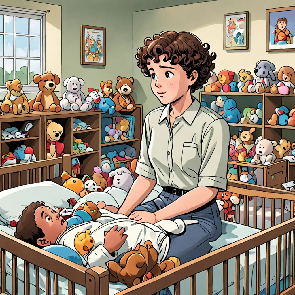 a boy sitting in a crib with a baby in it and a teddy bear on the bed in front of him, remodernism, a storybook illustration, Chris Ware, storybook illustration