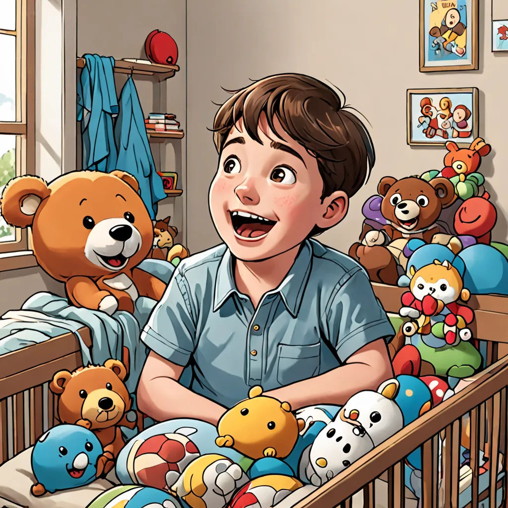 a boy is sitting in a crib with stuffed animals around him and smiling at the camera, with a teddy bear in the crib, lyco art, a storybook illustration, Diego Gisbert Llorens, comic cover art