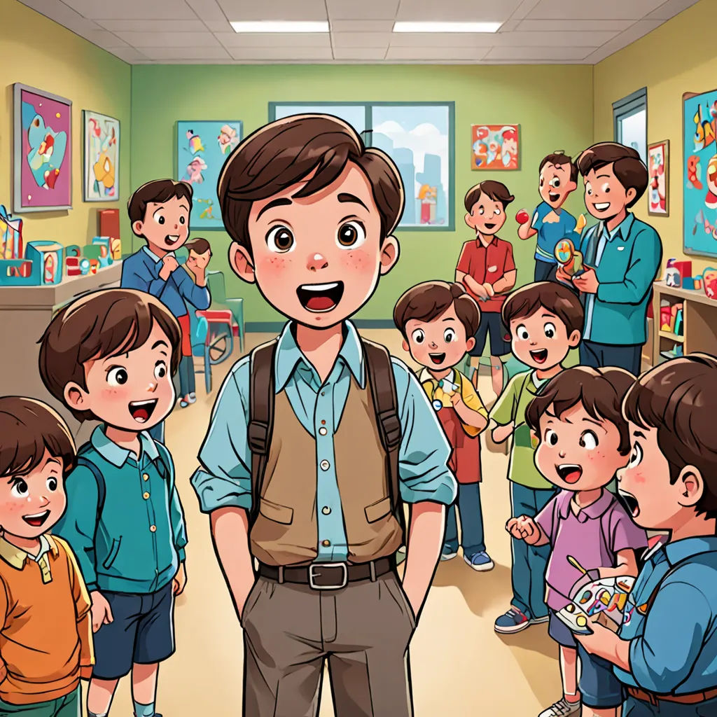 a man standing in front of a group of children in a room with a green wall and a green wall, bengal school of art, a storybook illustration, Cao Buxing, storybook illustration