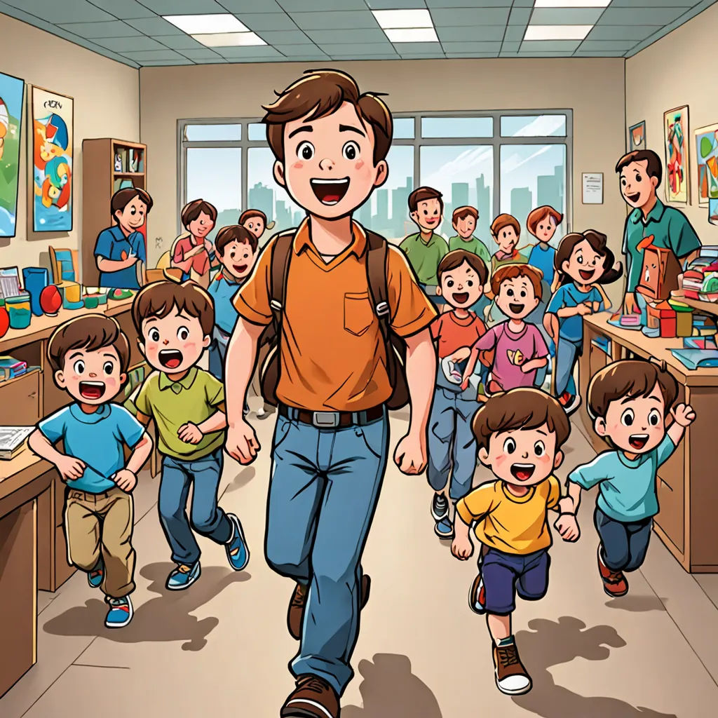 a man walking through a classroom with a group of children behind him and a teacher in the background smiling, danube school, a storybook illustration, Asaf Hanuka, comic cover art