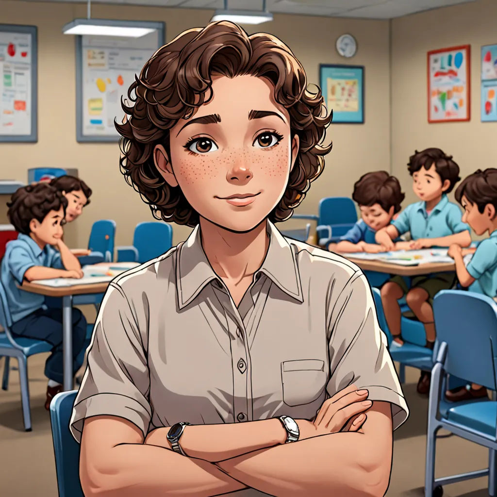 a cartoon of a boy in a classroom with his arms crossed and his arms crossed behind his chest, with other children in the background, paris school, a character portrait, Ada Gladys Killins, official art