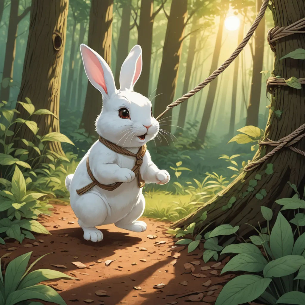 a white rabbit is on a rope in the woods with a harness on it's back and a forest background, altermodern, a storybook illustration, Chris LaBrooy, rossdraws global illumination