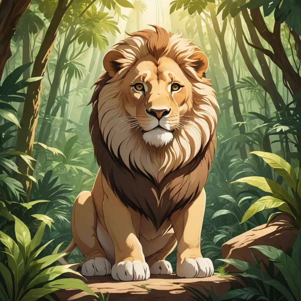 a lion sitting in the middle of a jungle with trees and plants around it's edges and a bright light coming from behind it, furry art, a digital painting, Chris LaBrooy, official art