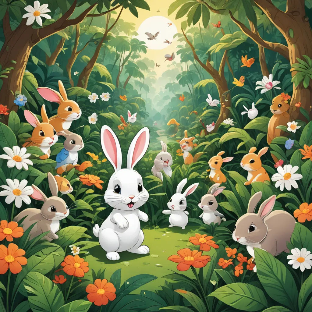 a group of rabbits in a forest with flowers and butterflies around them, with a sun shining through the trees, naive art, a storybook illustration, Beatrix Potter, rossdraws global illumination