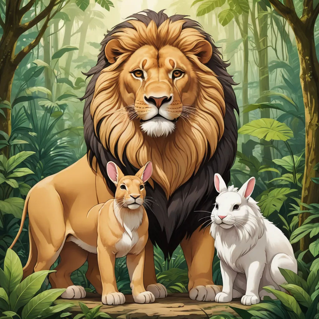 a lion and a rabbit standing in the jungle together with a forest background behind them and a forest scene behind them, furry art, poster art, Don Bluth, official art