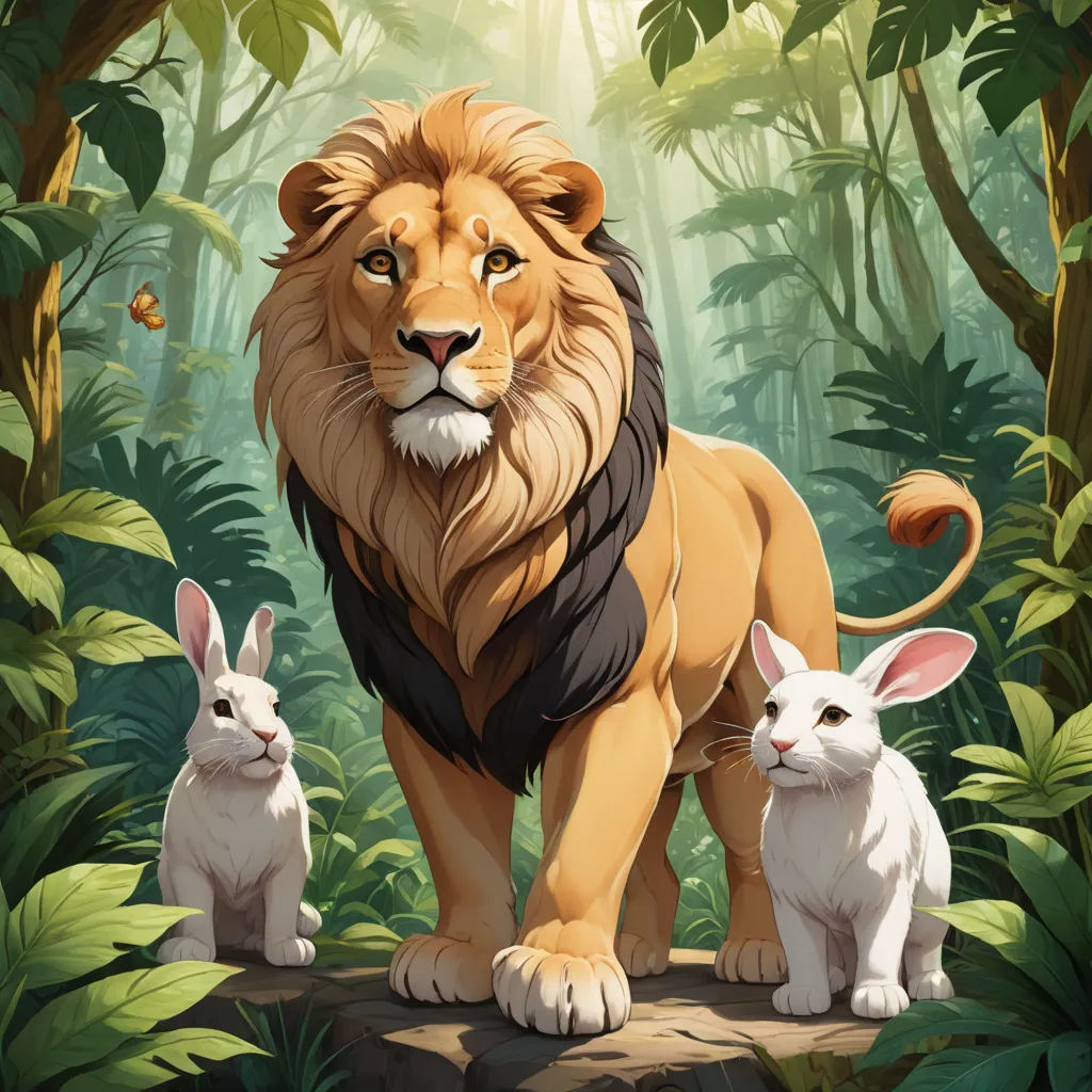 a lion and two rabbits in a jungle scene with trees and plants behind them, and a butterfly flying above, furry art, poster art, Chris LaBrooy, official art
