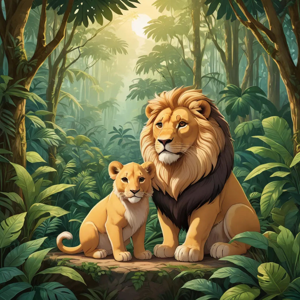 a lion and a cub sitting in the jungle together, with the sun shining through the trees behind them, furry art, a storybook illustration, Brothers Hildebrandt, jungle