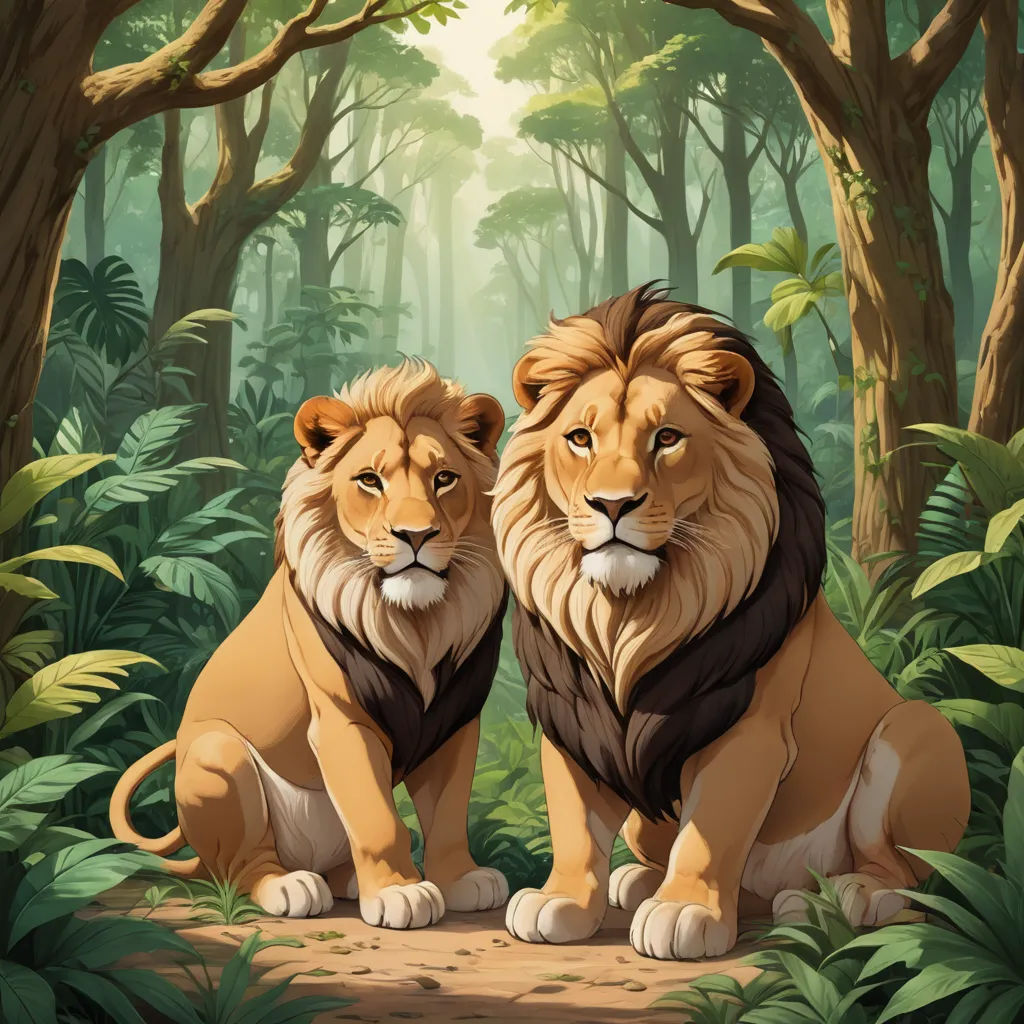 two lions sitting in the middle of a forest with trees and bushes behind them, with sunlight shining through the trees, furry art, a digital painting, Brothers Hildebrandt, official art