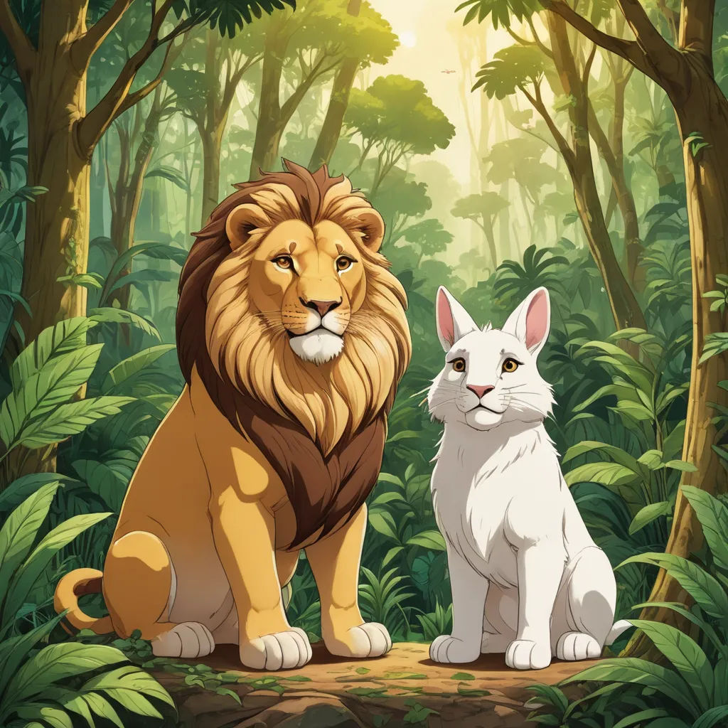 a lion and a white cat sitting in the jungle together, with a background of trees and bushes, and a forest, furry art, an album cover, Don Bluth, official art