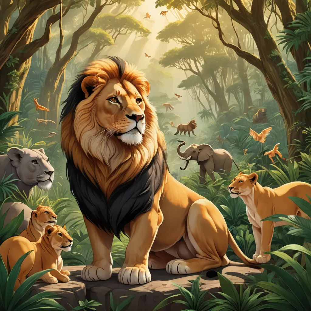 a lion and other animals in a jungle setting with trees and plants in the background and a sunlit sky, furry art, an oil painting, Chris LaBrooy, official art