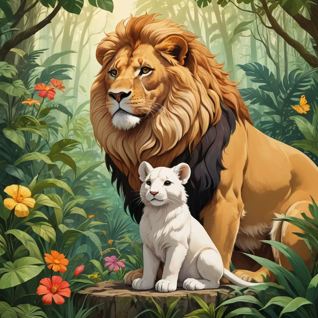 a lion and a white cub are in the jungle together, with flowers and butterflies around them, and a butterfly is on the ground, furry art, a storybook illustration, Brothers Hildebrandt, official art