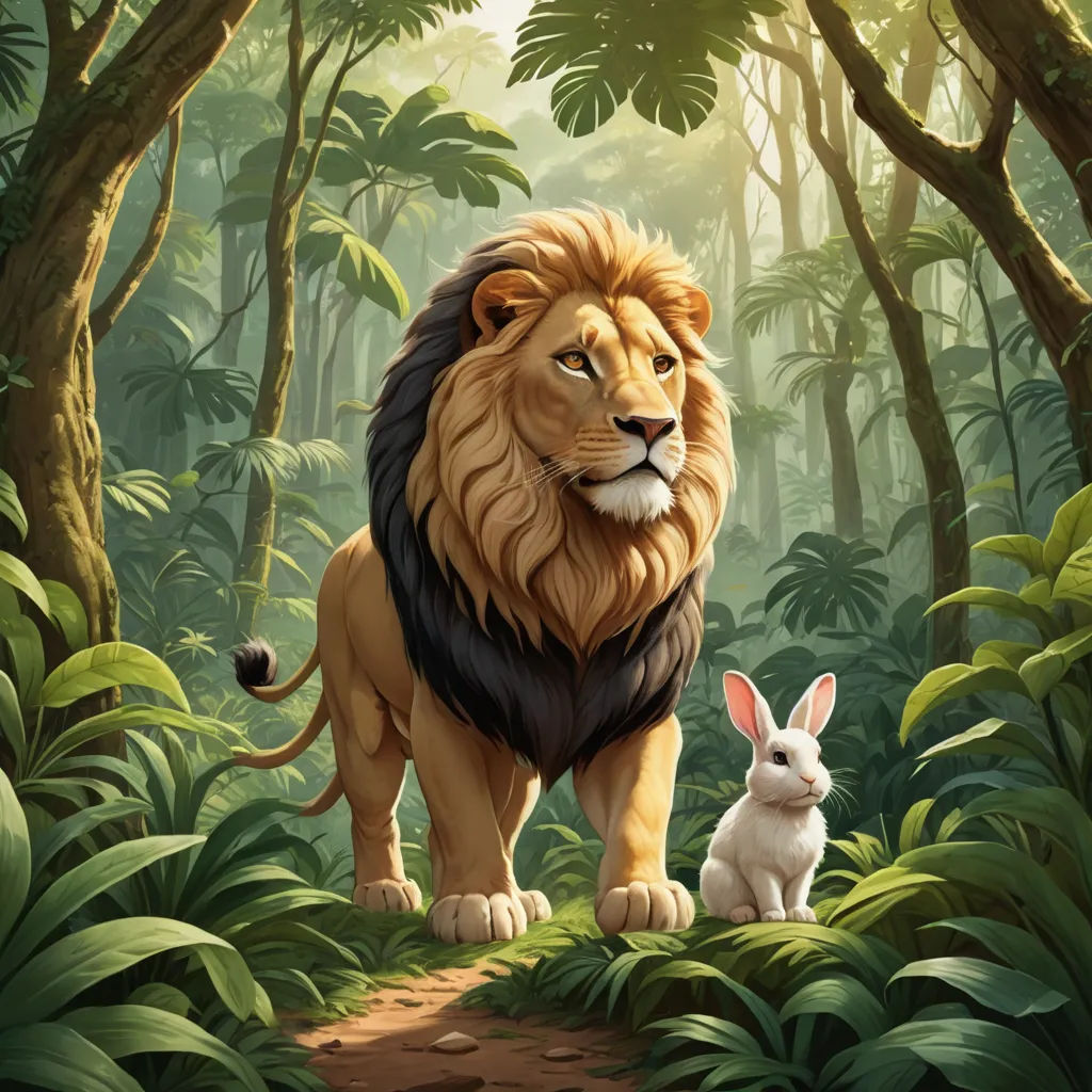 a lion and a rabbit in a jungle scene with trees and plants and a path leading to the forest, furry art, a storybook illustration, Chris LaBrooy, official art