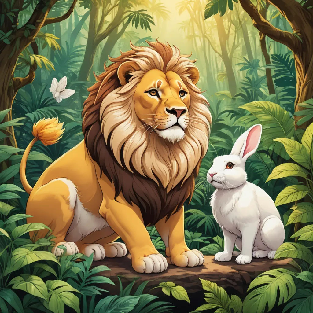 a lion and a rabbit in a jungle scene with butterflies and trees in the background illustration by alex macinne, furry art, a storybook illustration, Chris LaBrooy, storybook illustration