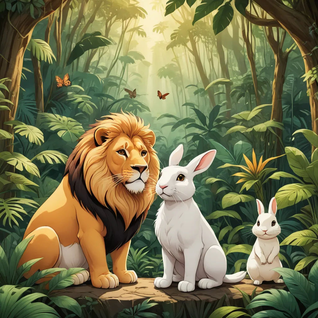 a lion and a rabbit sitting in the jungle together, with a butterfly flying overhead in the background,, furry art, a storybook illustration, Chris LaBrooy, storybook illustration