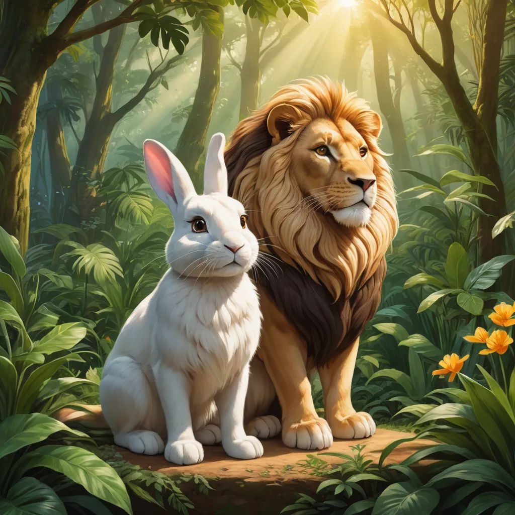 a lion and a rabbit sitting in the jungle together, with the light shining through the trees behind them, furry art, a storybook illustration, Chris LaBrooy, rossdraws global illumination