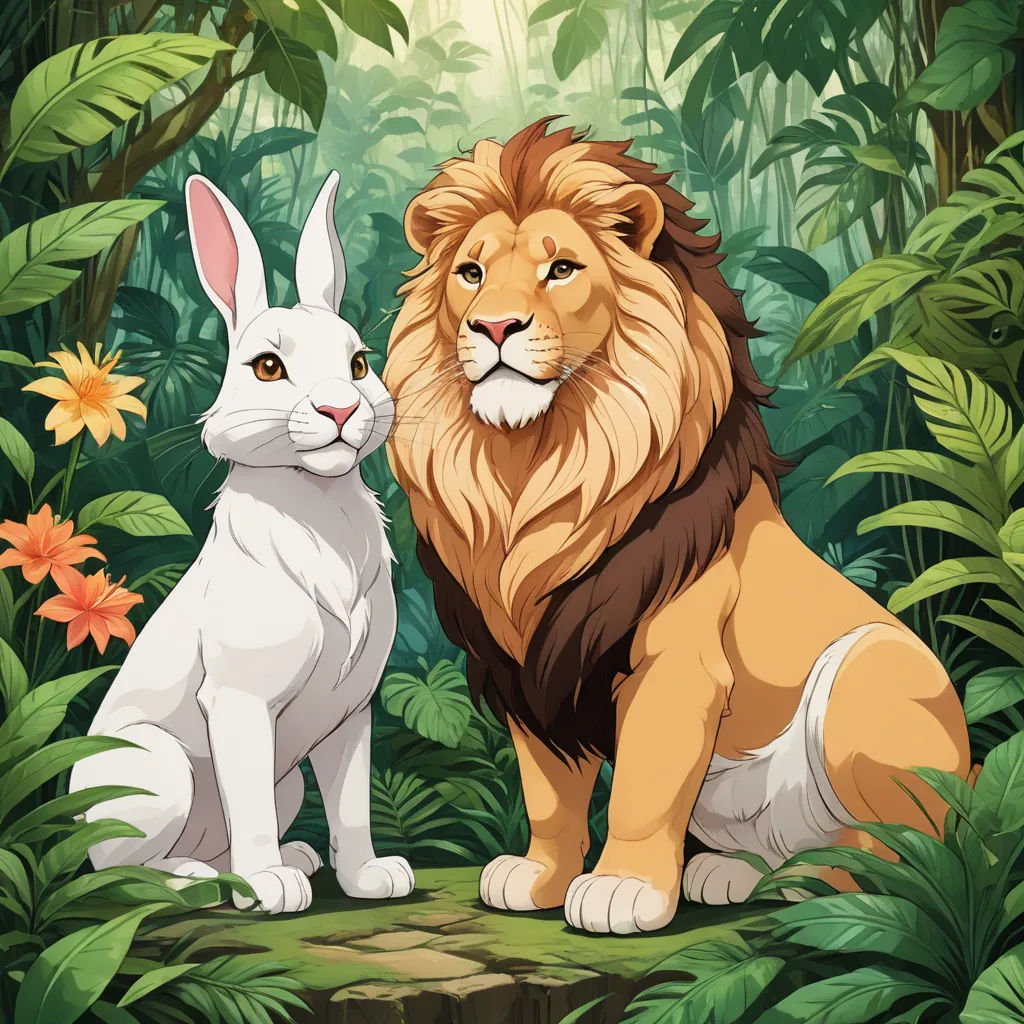 a lion and a rabbit sitting in the jungle together, with flowers and foliage in the background, and a jungle scene with flowers and foliage, furry art, a storybook illustration, Don Bluth, official art