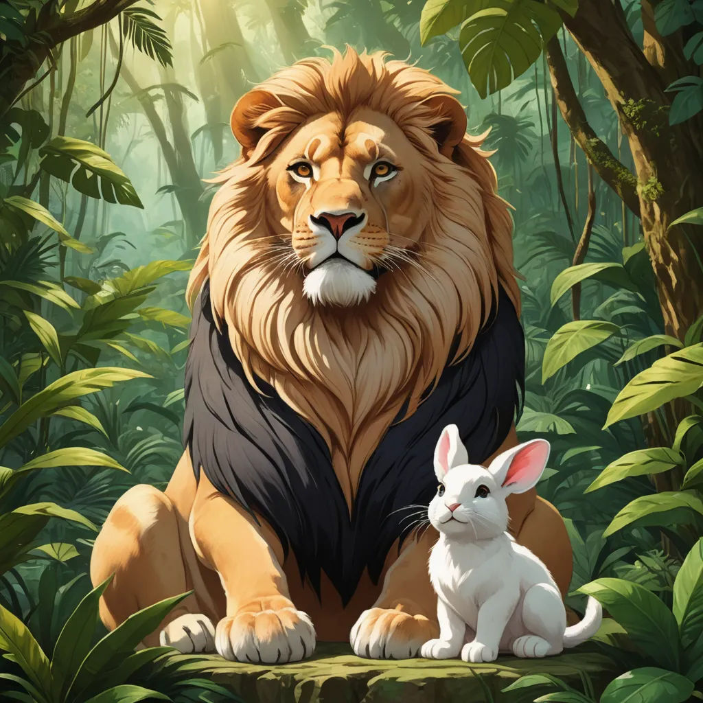 a lion and a rabbit sitting in the jungle together, with a background of trees and foliage, with a sun shining through the leaves, furry art, a storybook illustration, Chris LaBrooy, official art