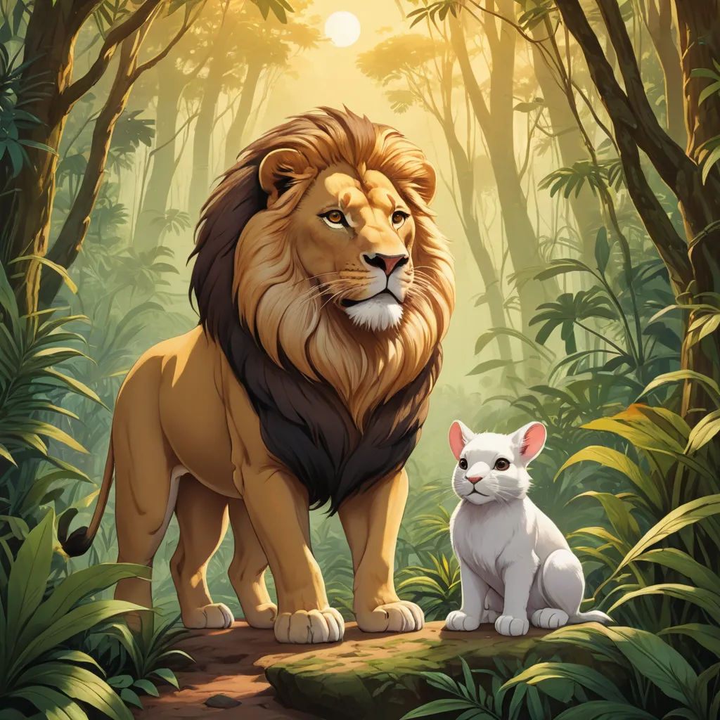 a lion and a cat in a jungle scene with sunlight coming through the trees and foliages behind them, sots art, poster art, Brothers Hildebrandt, official art