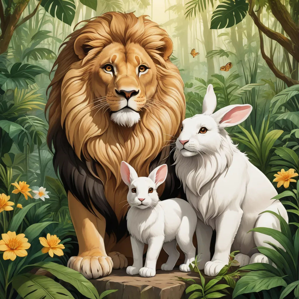 a lion and two rabbits in a jungle scene with flowers and trees around them, and a butterfly flying overhead, furry art, a storybook illustration, Chris LaBrooy, furaffinity