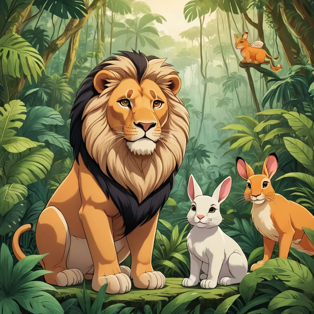 a lion and a rabbit in a jungle scene with a forest background and a forest scene with a lion and a rabbit, furry art, a poster, Don Bluth, promotional image