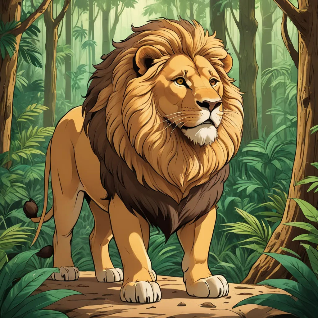 a lion standing on a log in a jungle with trees and plants around it, with a background of green foliage, furry art, a character portrait, Chris LaBrooy, jungle