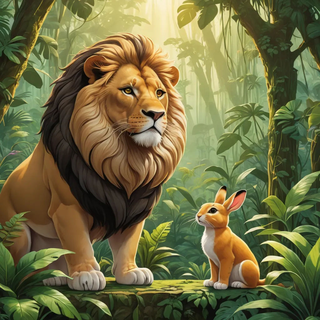 a lion and a rabbit in a jungle scene with sunlight coming through the trees and foliages behind them, furry art, a poster, Chris LaBrooy, official art