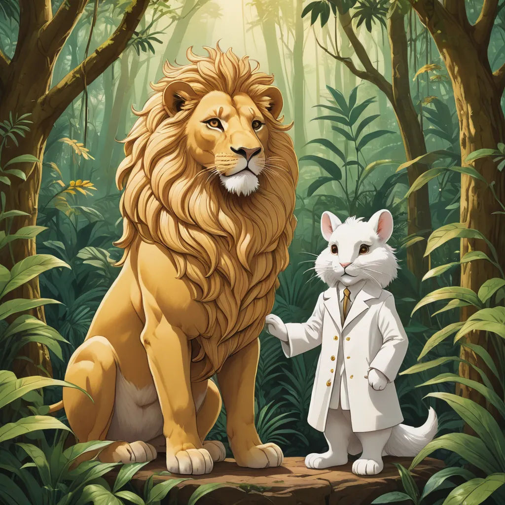 a lion and a cat standing in a jungle with trees and plants behind them, both wearing lab coats, sots art, a storybook illustration, Chris LaBrooy, official art