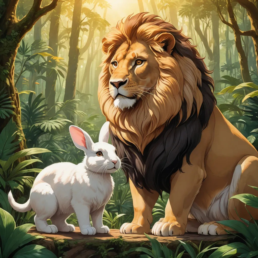 a lion and a rabbit are standing in the jungle together, with the sun shining through the trees behind them, furry art, a storybook illustration, Chris LaBrooy, official art