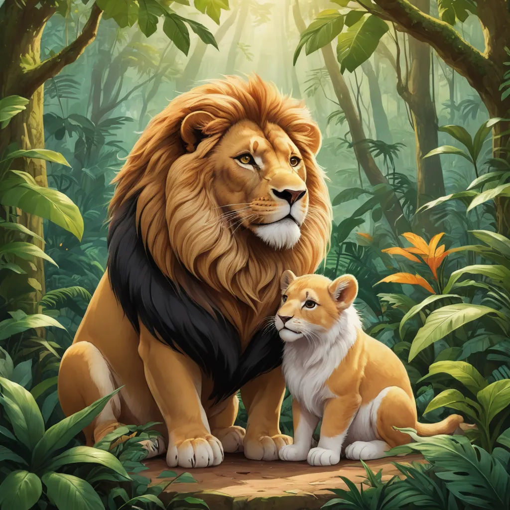 a lion and a cub sitting in the jungle together, with the sun shining through the trees behind them, furry art, a digital painting, Brothers Hildebrandt, official art
