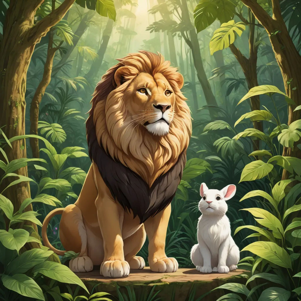 a lion and a rabbit are sitting in the jungle together, with a bright light shining through the trees, furry art, a poster, Chris LaBrooy, official art
