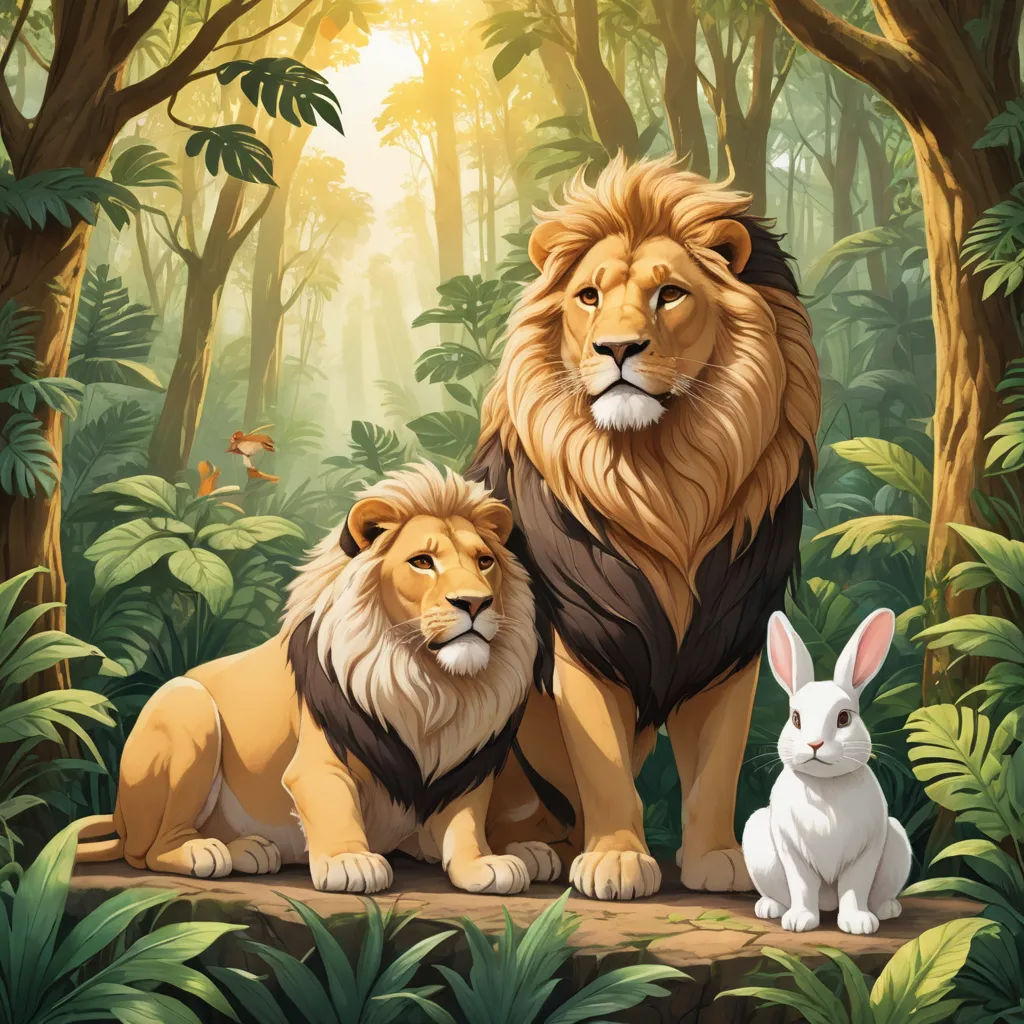 a lion and a rabbit sitting in the jungle together, with a forest background behind them, and a sunbeam, furry art, a storybook illustration, Chris LaBrooy, official art
