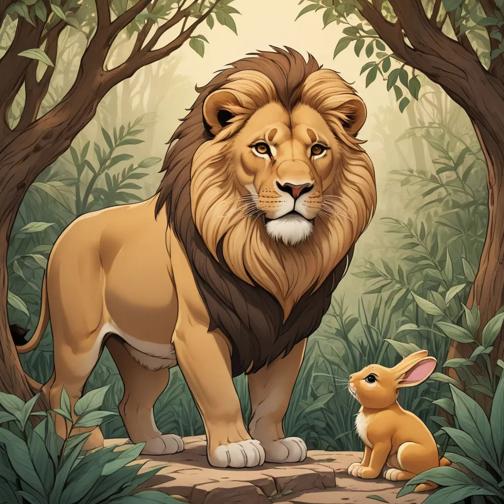 a lion and a rabbit in a jungle scene with trees and bushes and foliages, with a digital painting style, furry art, a storybook illustration, Chris LaBrooy, official art