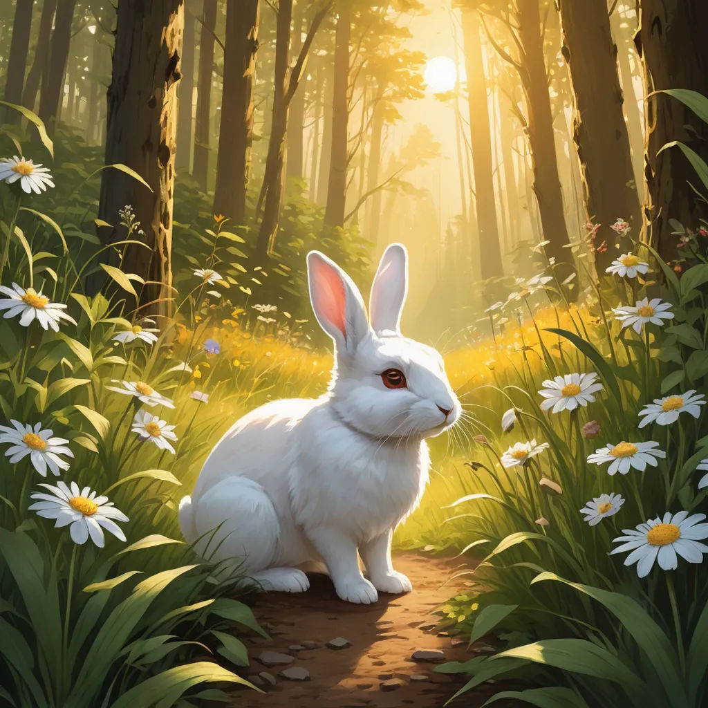 a white rabbit sitting in a forest with daisies and daisies around it's feet and head, fantasy art, a storybook illustration, Chris Rallis, rossdraws global illumination