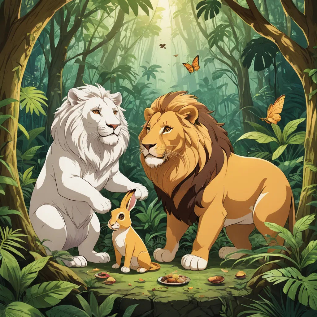 a lion and a lion cub in a jungle setting with a butterfly flying overhead and a butterfly flying overhead, furry art, a storybook illustration, Don Bluth, official art
