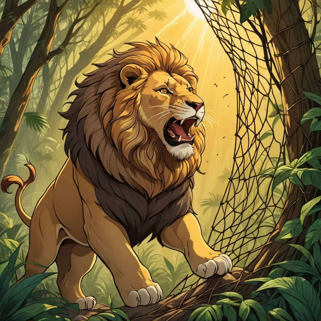 a lion is walking through the jungle with a net on its back and it's mouth open and it's mouth wide open, fantasy art, an illustration of, Chris LaBrooy, jungle