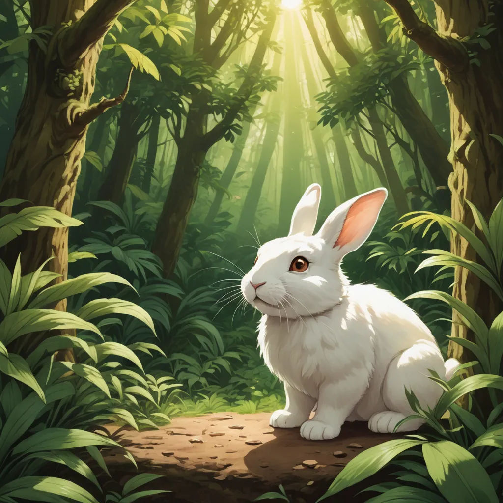 a white rabbit sitting in the middle of a forest with sunlight coming through the trees and leaves on the ground, fantasy art, a storybook illustration, Andreas Rocha, rossdraws global illumination