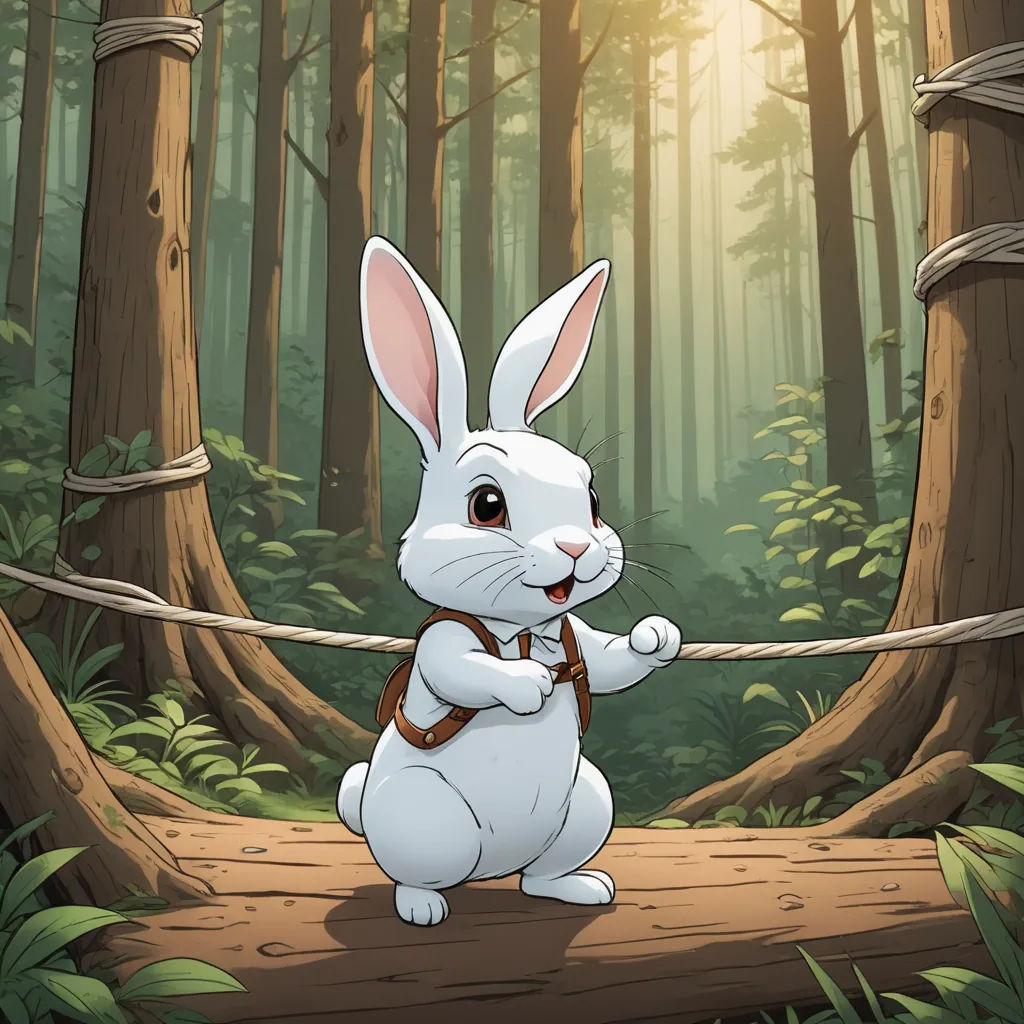 a white rabbit is holding a rope in a forest with trees and grass on the ground and a sun shining through the trees, furry art, a character portrait, Beatrix Potter, official art