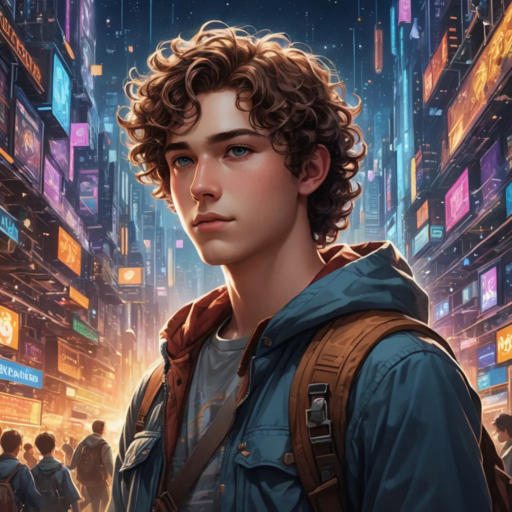 a young man standing in a city at night with a backpack on his shoulder and a backpack on his shoulder, photorealism, a character portrait, Clint Cearley, rossdraws global illumination