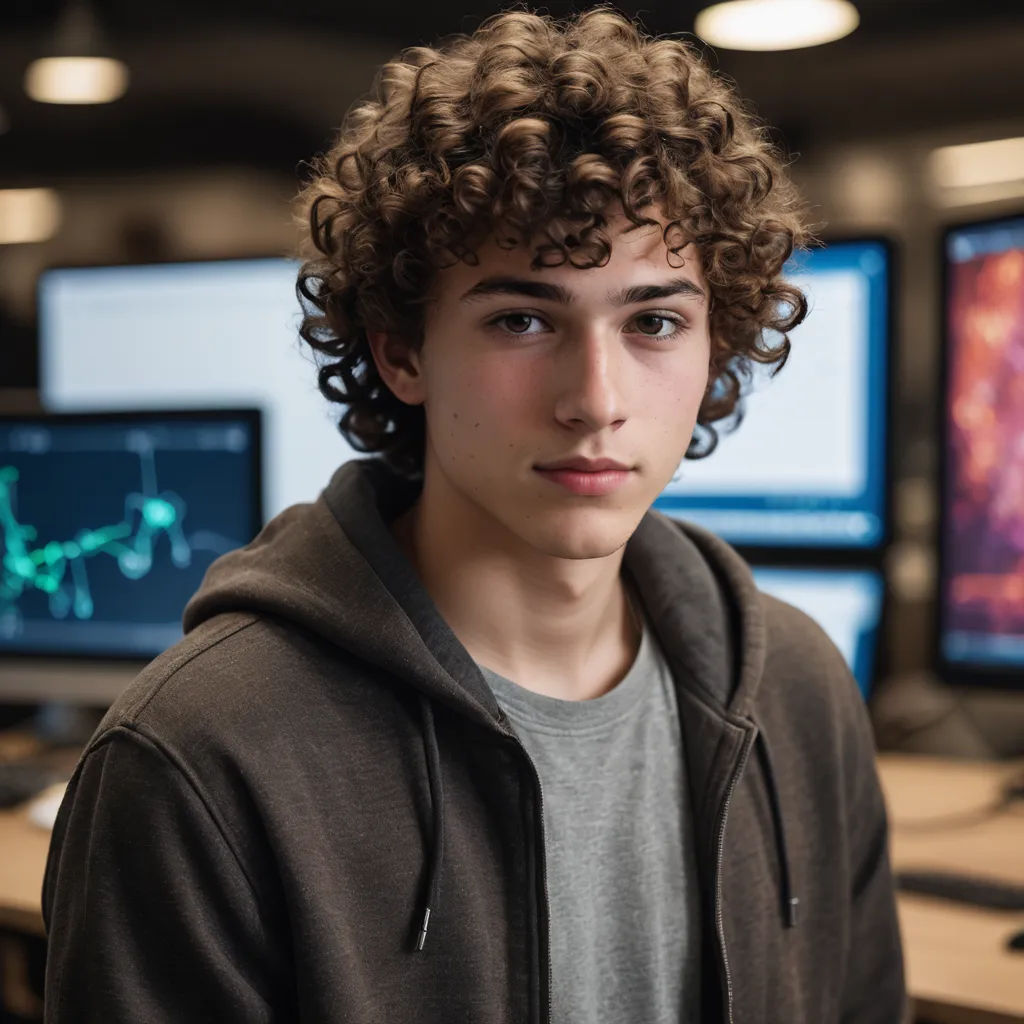 a young man with curly hair standing in front of computer monitors in a room with other monitors and a computer screen, computer art, computer graphics, Cedric Seaut (Keos Masons), kai carpenter