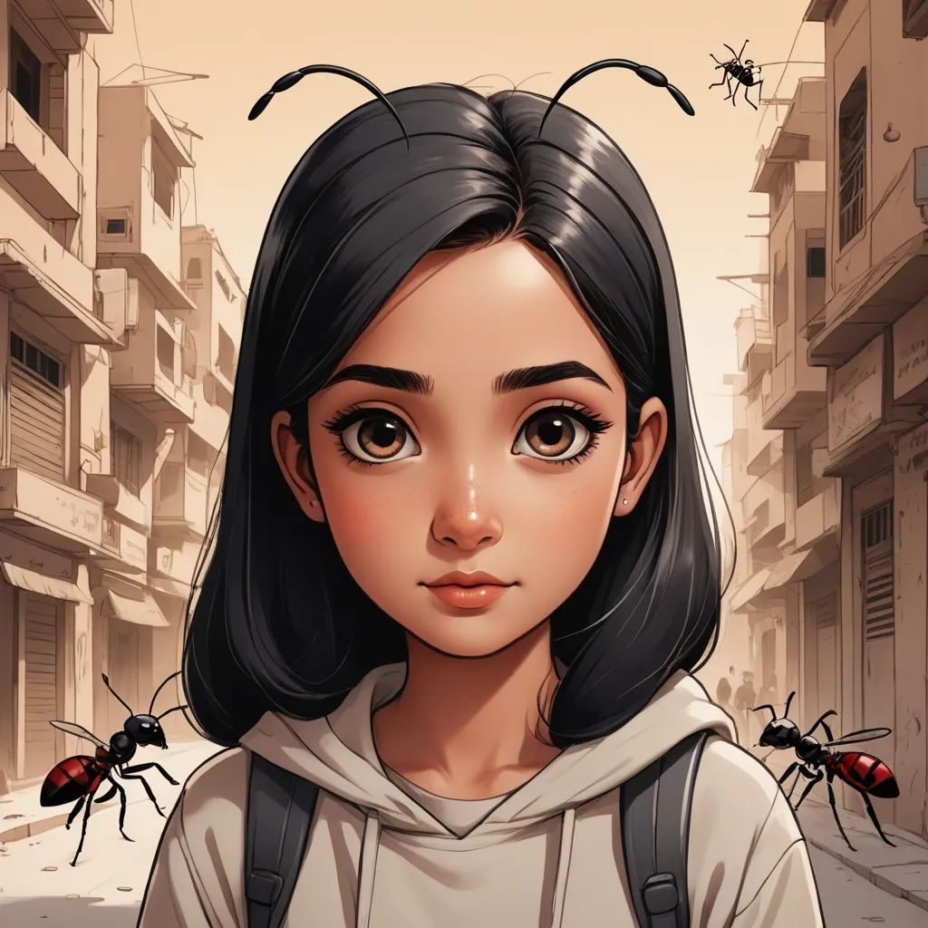 a girl with a backpack and antlers on her head in a city street with buildings and a group of ants, serial art, a character portrait, Atey Ghailan, trending on art station