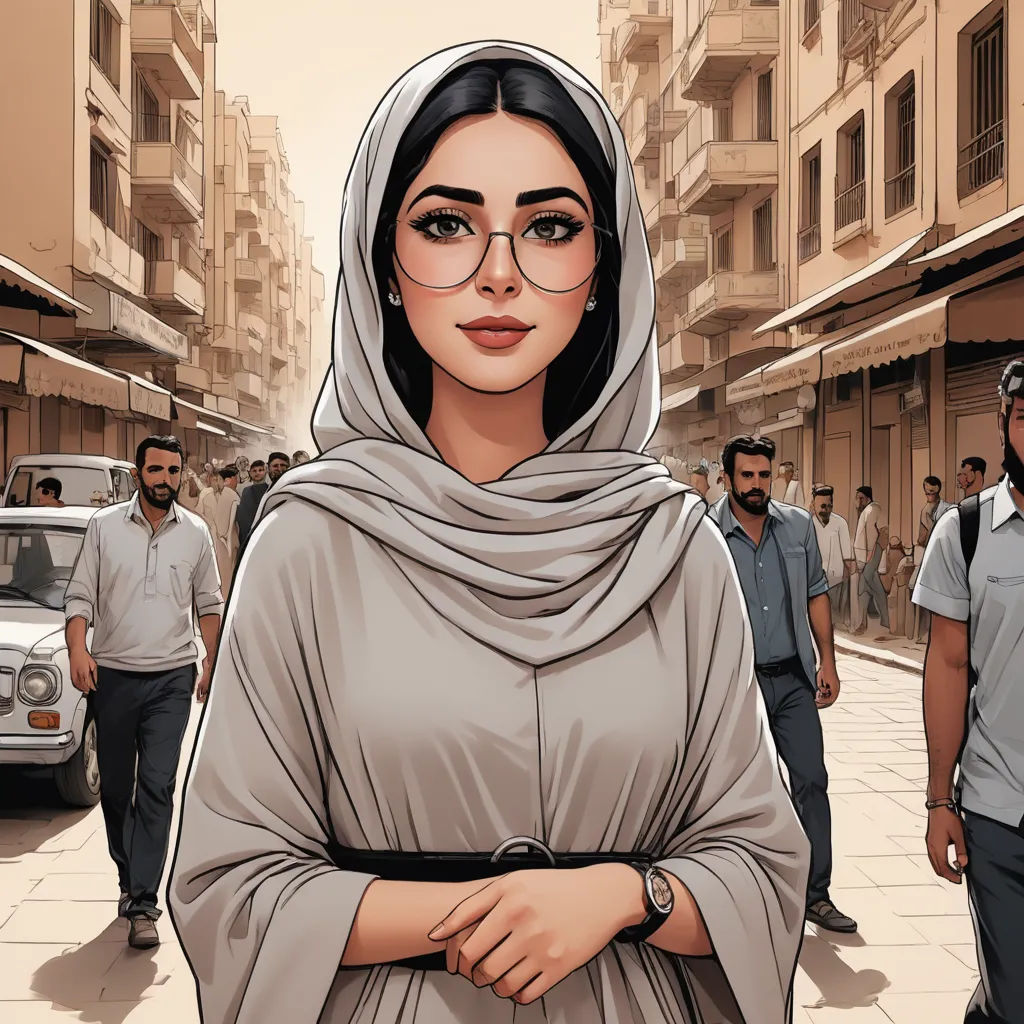 a woman in a veil and glasses standing in a street with people walking by onlookers in the background, serial art, a character portrait, Asaf Hanuka, graphic novel