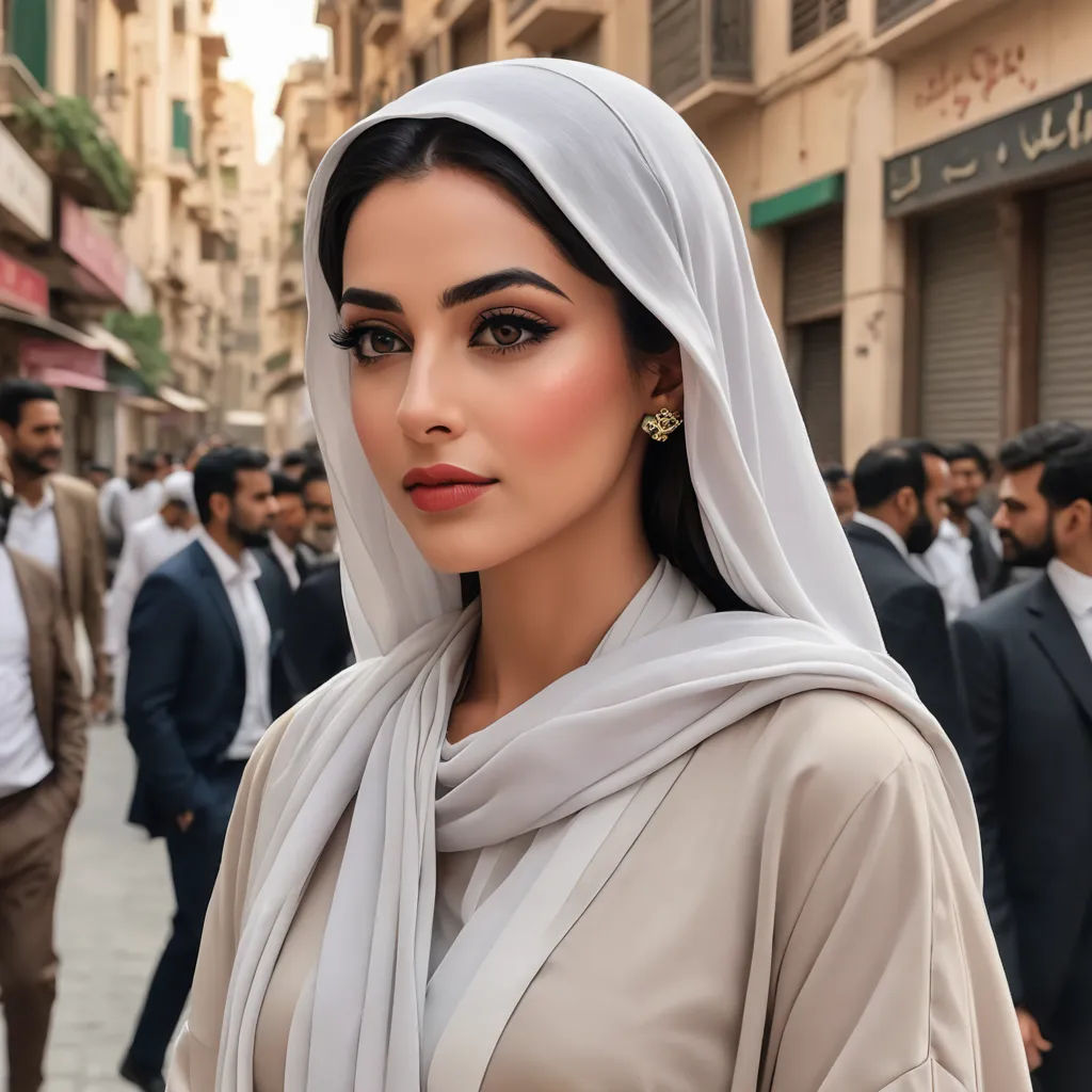 a woman in a headscarf is standing in a crowd of people in a city street with buildings, hurufiyya, egyptian art, Bouchta El Hayani, beauty