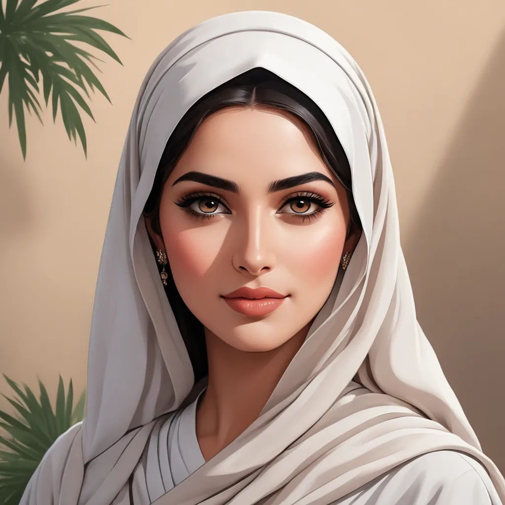 a painting of a woman wearing a white veil and a palm tree in the background with a palm tree, qajar art, a detailed painting, Edwin Georgi, trending on art station