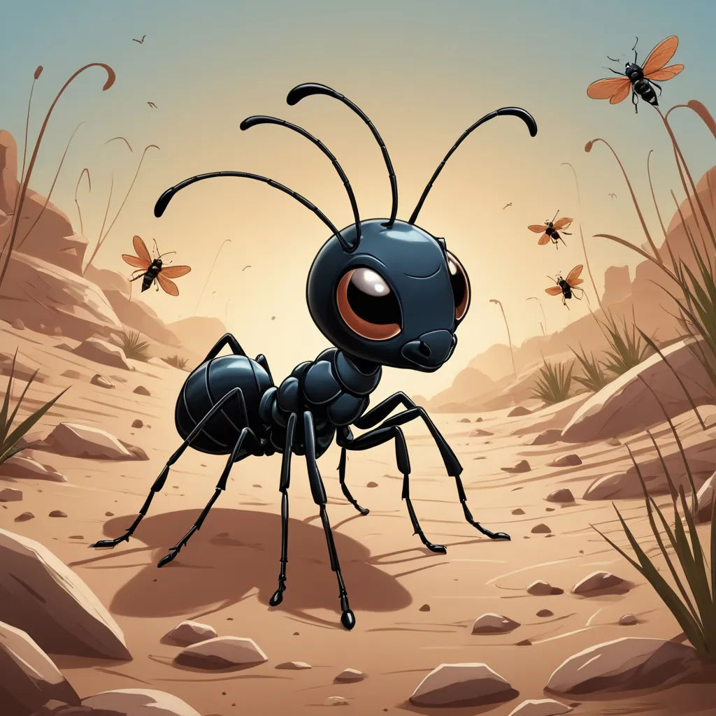 a cartoon ant bug in the desert with a group of bees flying around it's back legs and legs, antipodeans, an illustration of, Craola, 2 d game art