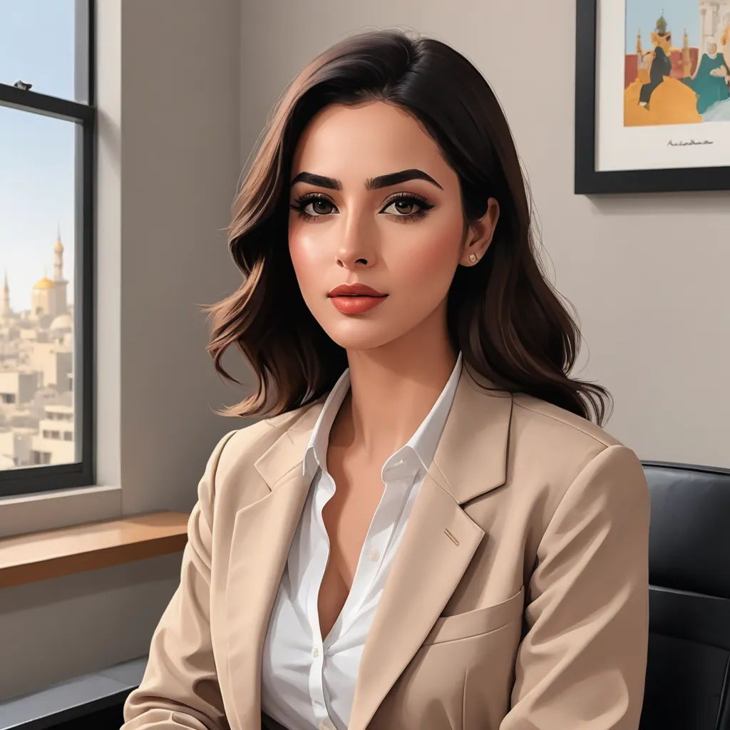 a woman in a suit sitting at a desk in front of a window with a city view behind her, computer art, a photorealistic painting, Elina Karimova, professional digital painting