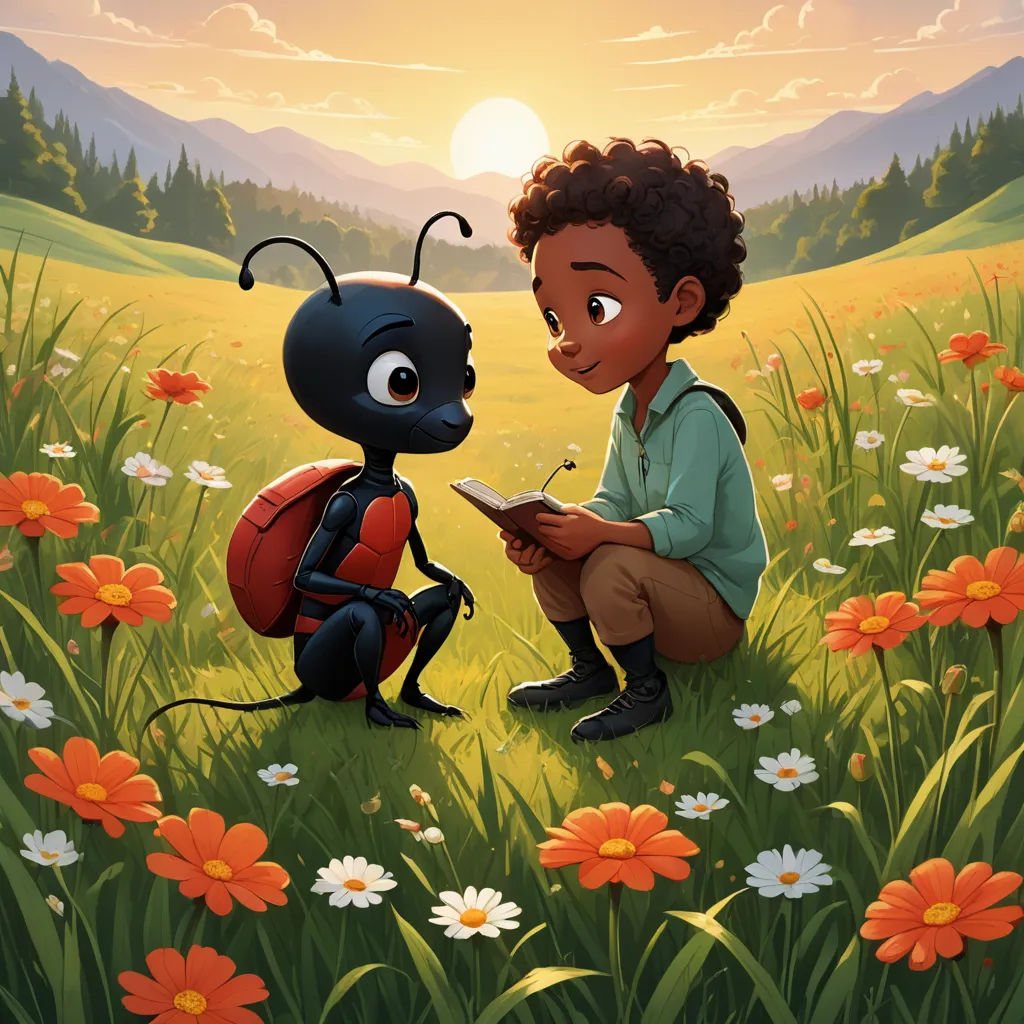 a boy and a lady bug in a field of flowers with a sunset in the background and a lady bug looking at a book, art & language, a storybook illustration, Chris LaBrooy, promotional image