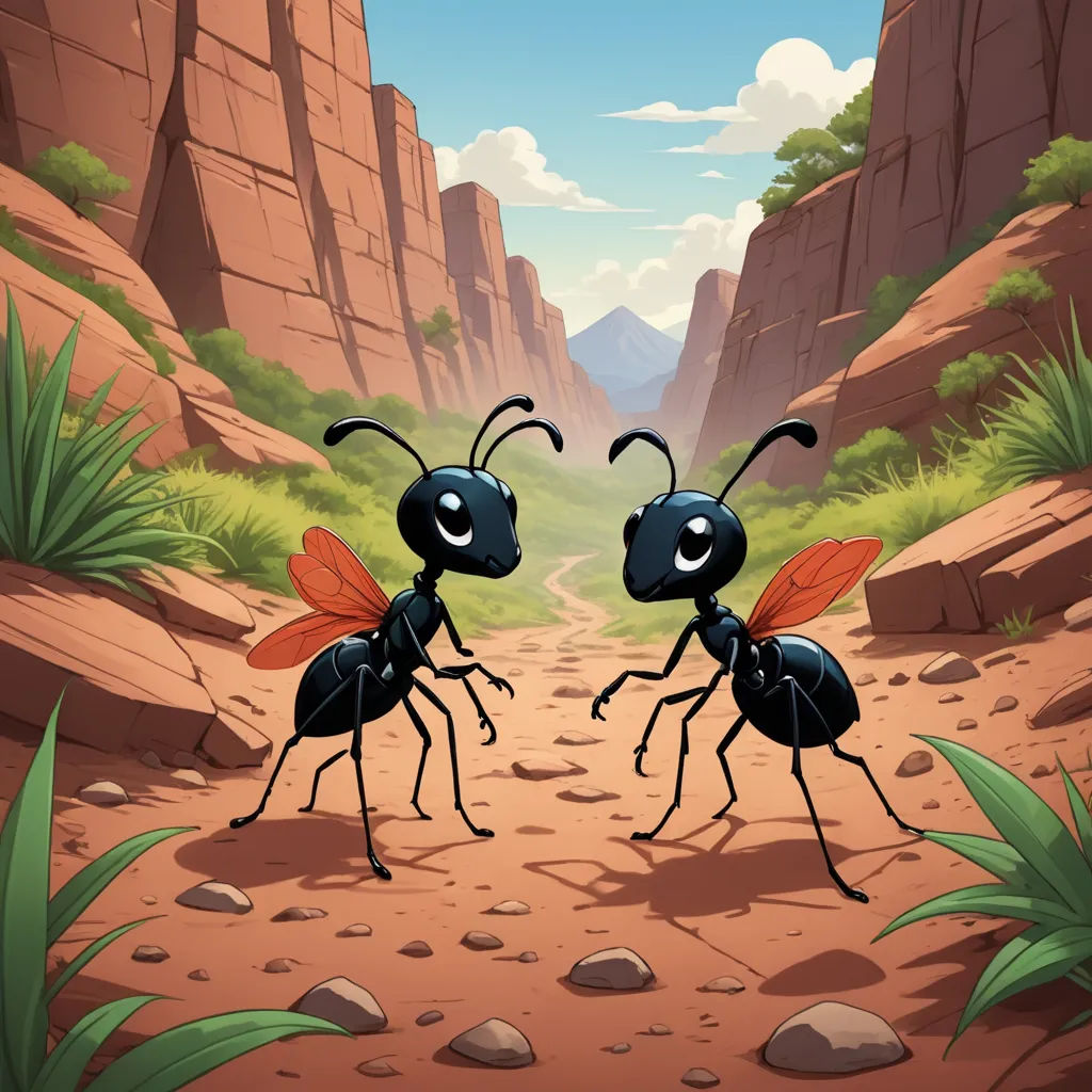 two ant ants standing in the middle of a dirt road near a mountain range with a valley in the background, les nabis, a storybook illustration, Altoon Sultan, promotional image